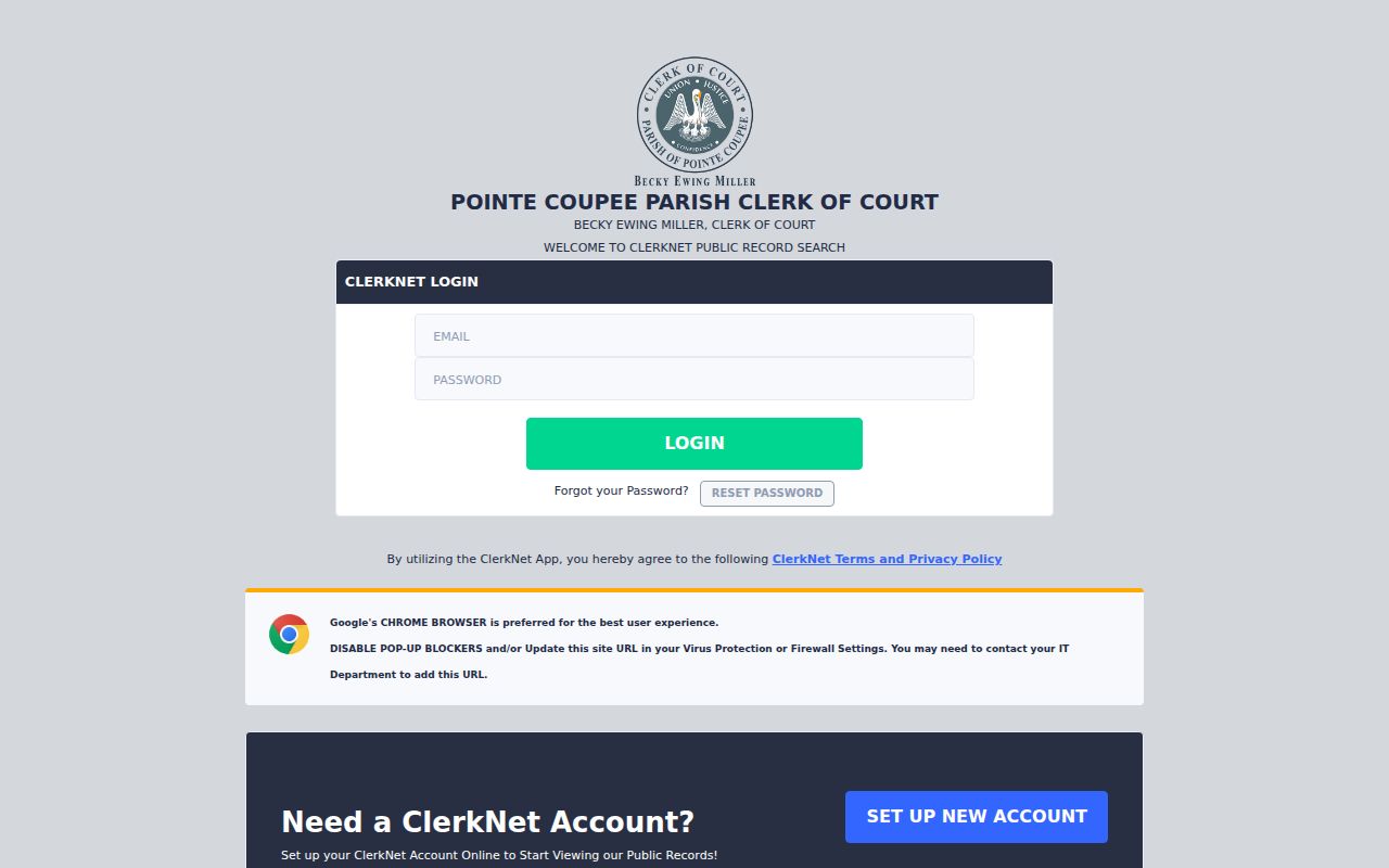 ClerkNet login and account page used for Pointe Coupee Parish warrant records searches