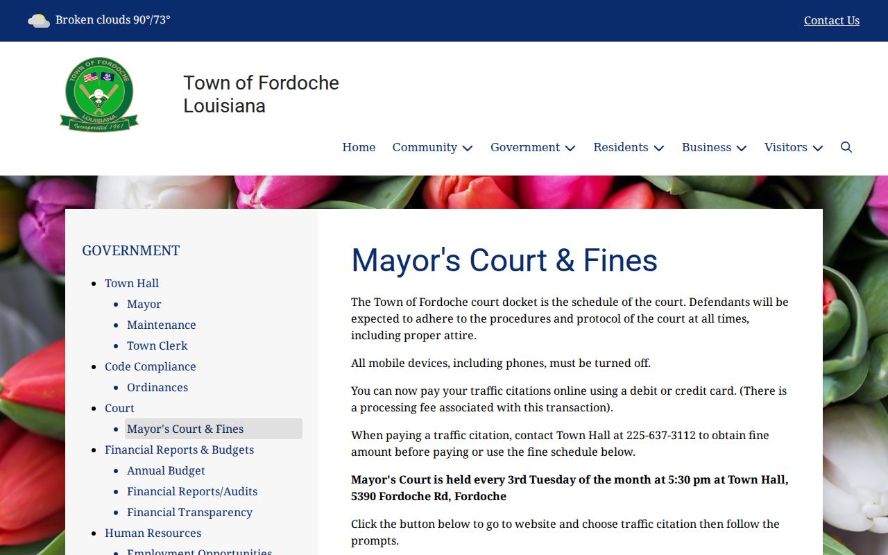 Fordoche Mayor's Court fine schedule page used for Fordoche warrant records and citation amounts