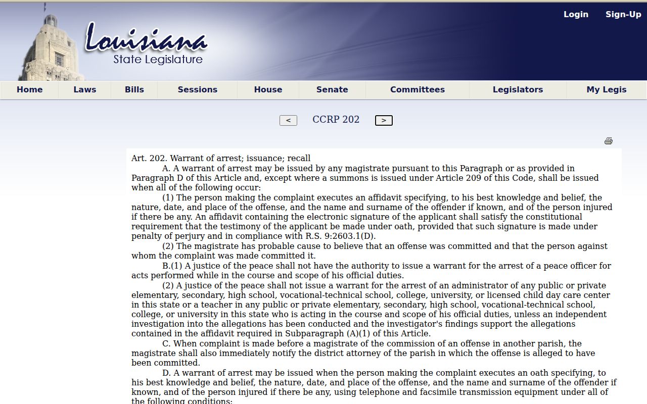 Louisiana probable cause arrest warrant statute used for Pointe Coupee Parish arrest warrant records