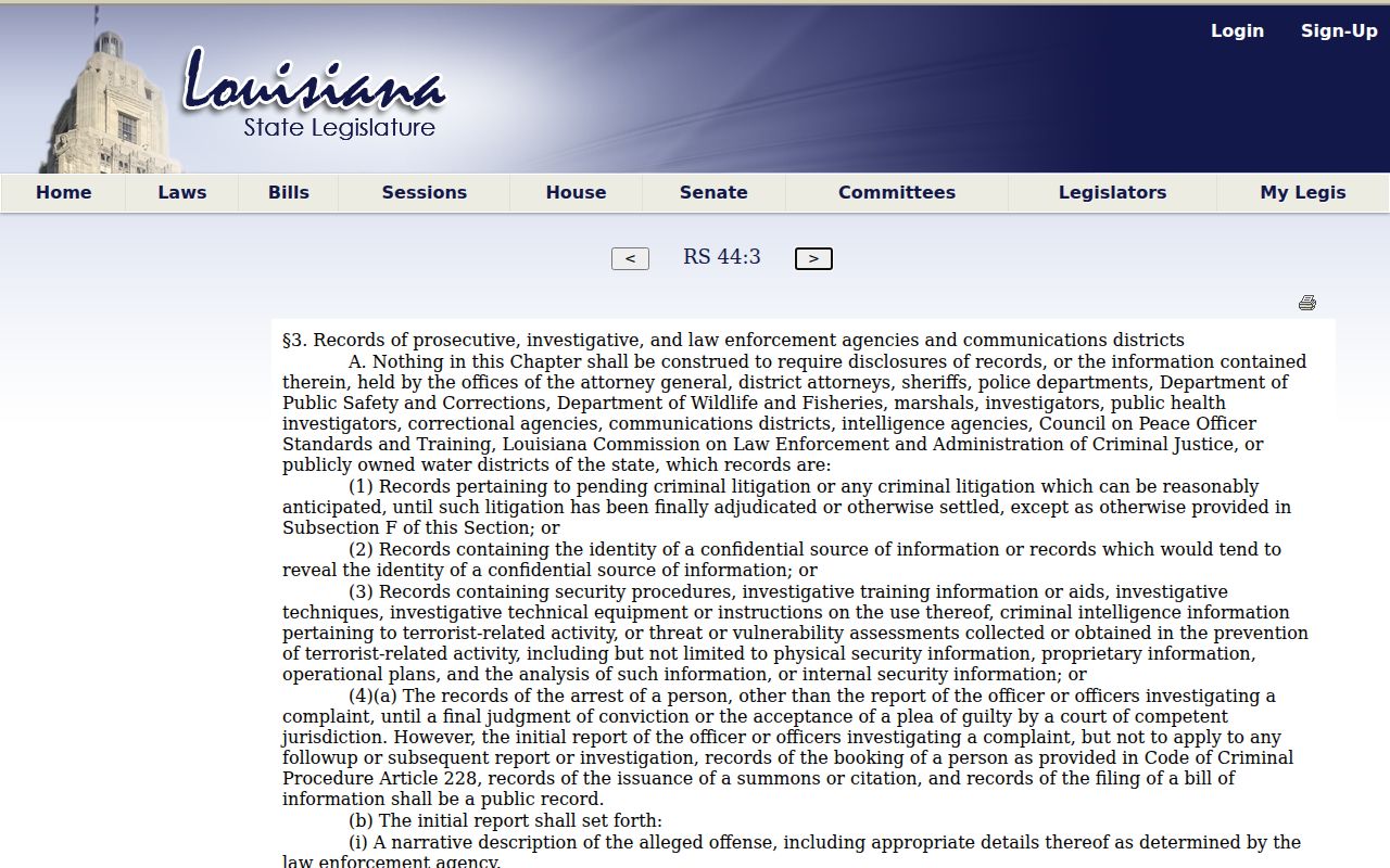 Louisiana law enforcement record exemption page affecting Pointe Coupee Parish active warrant record access