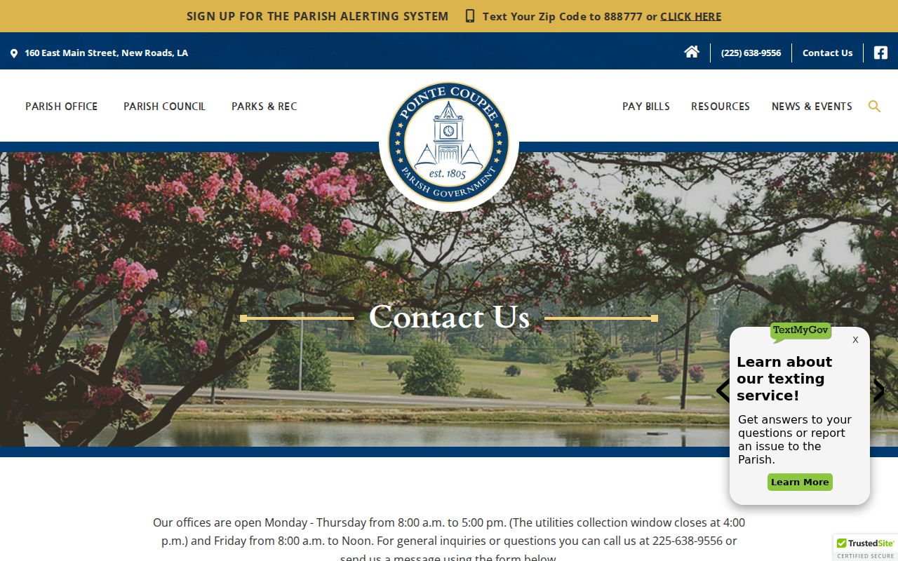 Pointe Coupee Parish government office address and hours used for municipal court warrant routing