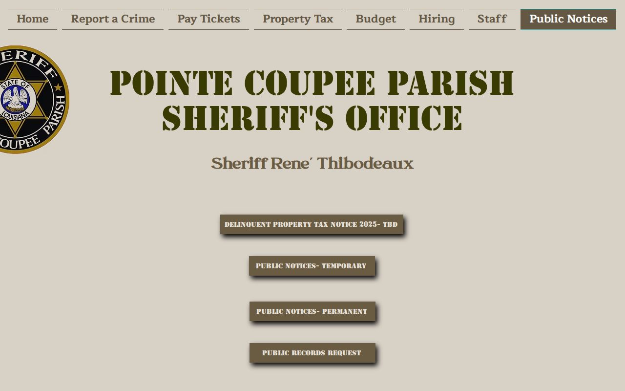 Pointe Coupee Parish sheriff public notices page linking the records request form for warrant records