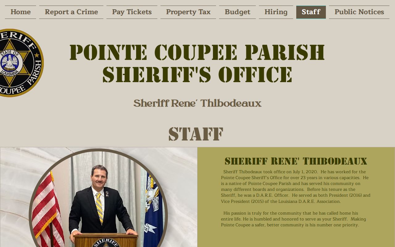 Pointe Coupee Parish sheriff staff page showing divisions used for warrant routing